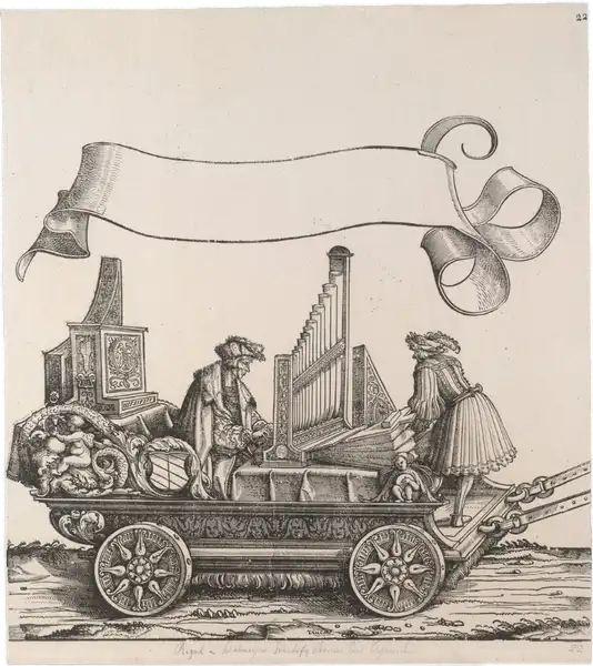 Hans Burgkmair d. Ä., Triumphzug Kaiser Maximilians I.: Wagen des Meisters Paul Hofhaimer, des Hoforganisten in Innsbruck, am Positiv, 1796 (Erstausgabe 1526)