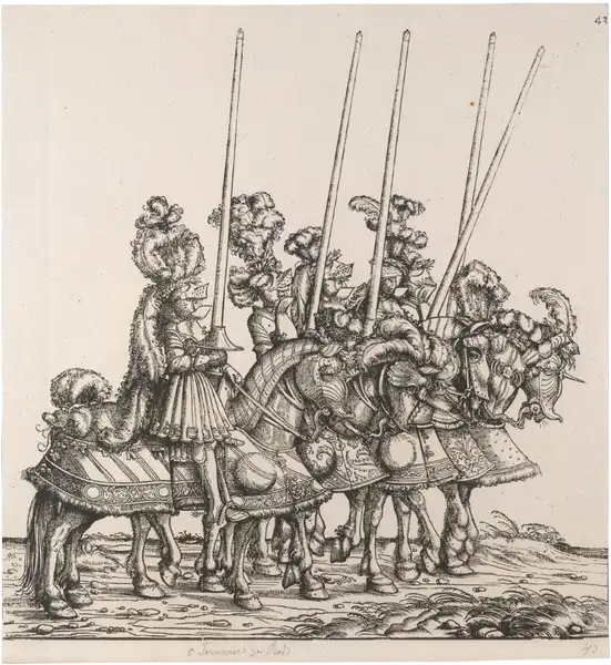 Hans Burgkmair d.Ä., Triumphzug Kaiser Maximilians I.: Zum Turnier gerüstete Ritter zu Pferde, 1796 (Erstausgabe 1526)