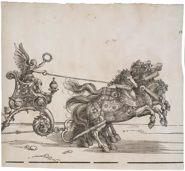Albrecht Dürer, Der Triumphzug Kaiser Maximilians I.: Gespann zum sog. Kleinen Triumphwagen (Die Burgundische Heirat), 1526 (?)