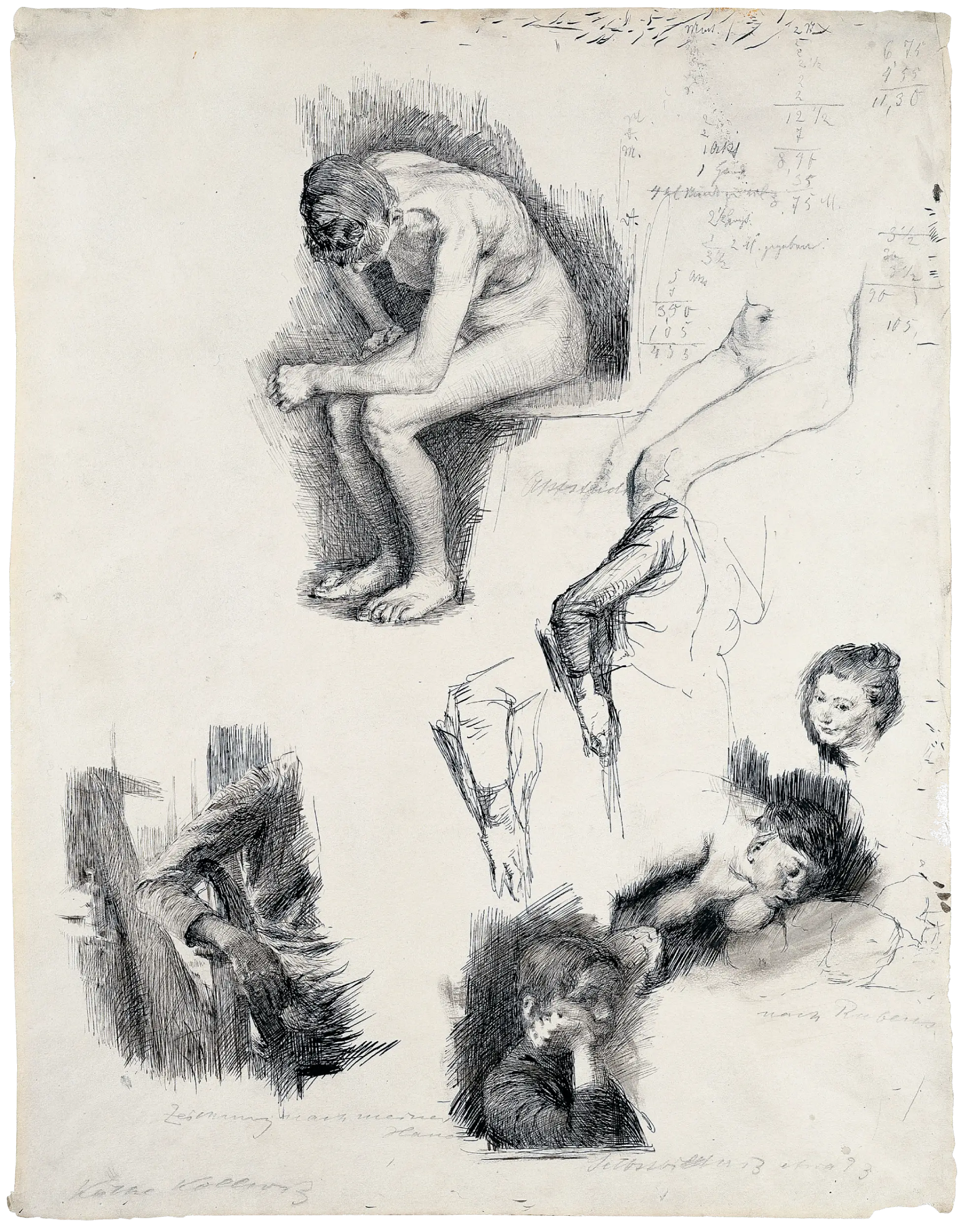 Käthe Kollwitz, Studienblatt mit Skizzen nach Rubens und Selbstbildnis, um 1890/91