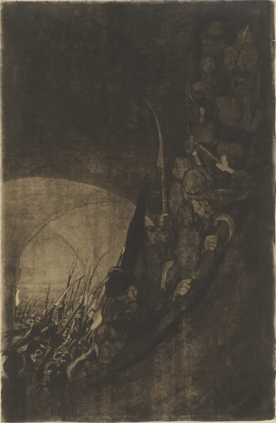 Käthe Kollwitz, Bewaffnung in einem Gewölbe Blatt 4 aus dem Zyklus Bauernkrieg, 1906