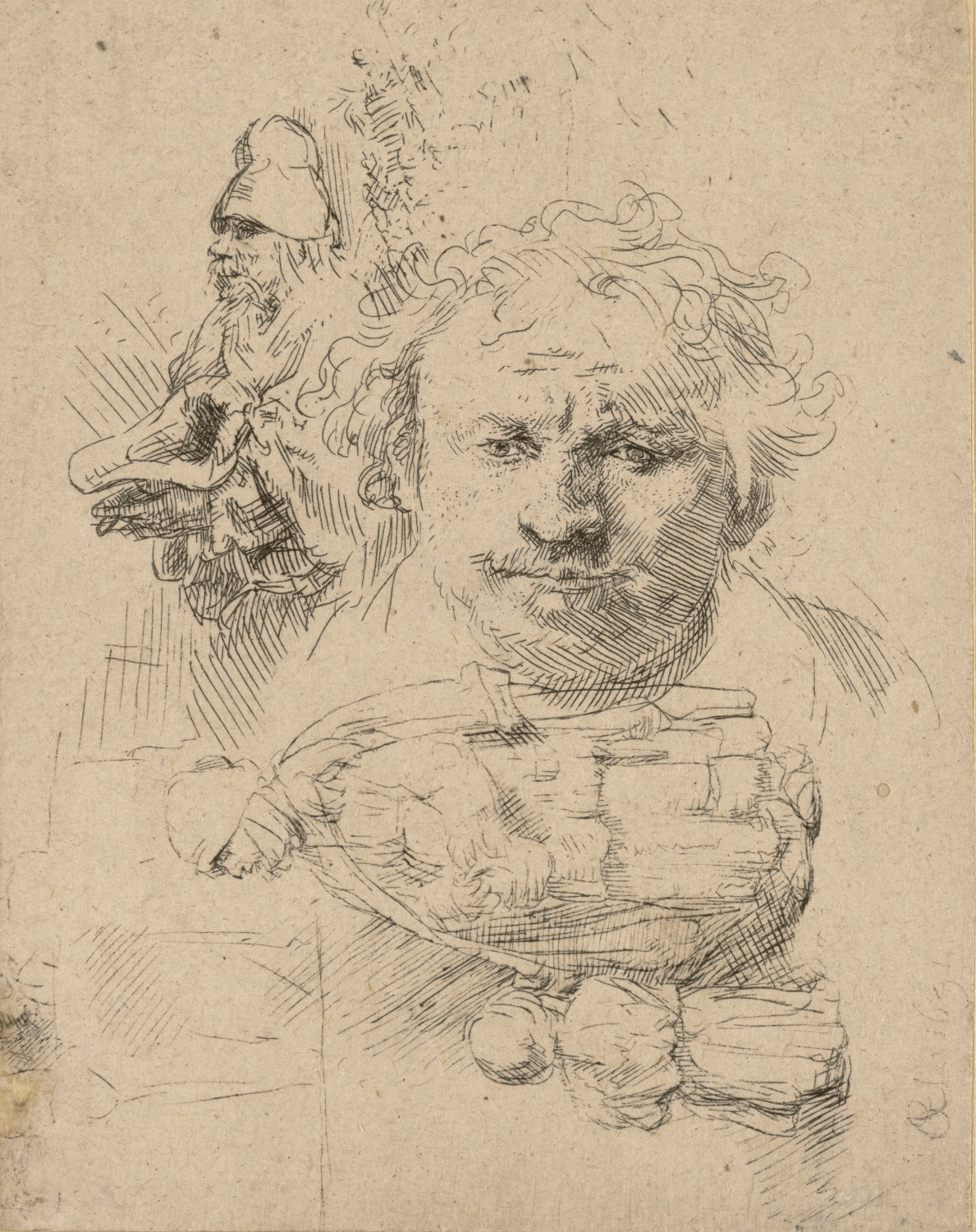 Rembrandt, Harmensz van Rijn, Studienblatt mir Rembrandts Selbstbildnis, 1651