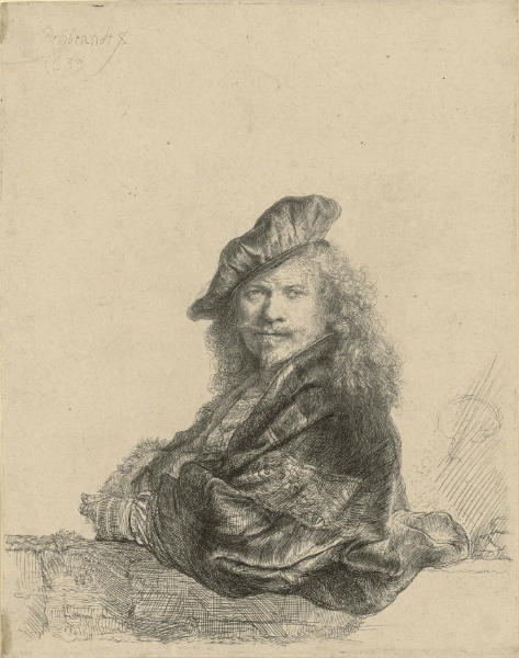 Rembrandt, Selbstbildnis, an einer Steinmauer lehnend, 1639