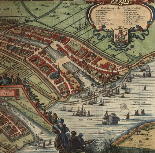 Pieter Hendricksz Schut (Stecher); Nicolaes Visscher I (Verleger), Stadtpläne und acht topografische Ansichten Amsterdams (Detail), nach 1662/64