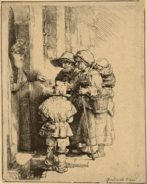 Rembrandt, Ein blinder Drehleierspieler und seine Familie empfangen Almosen, 1648