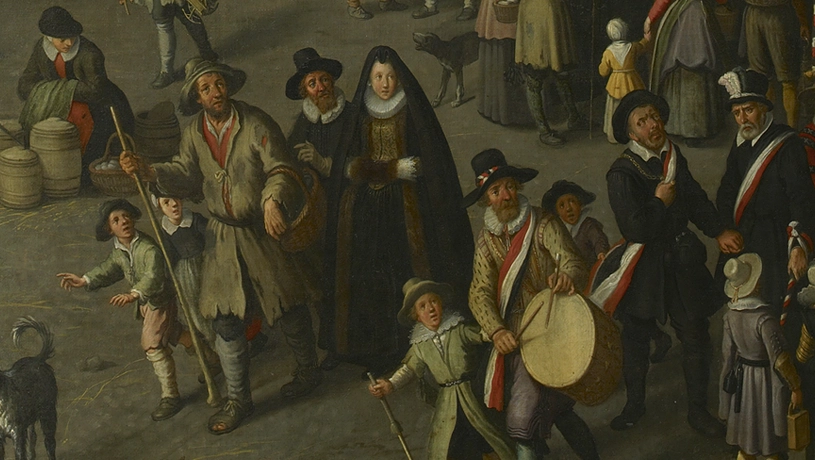 Adriaen van Nieulandt, Prozession der Aussätzigen auf dem Dam am Koppertjesmaandag (Detail), 1633